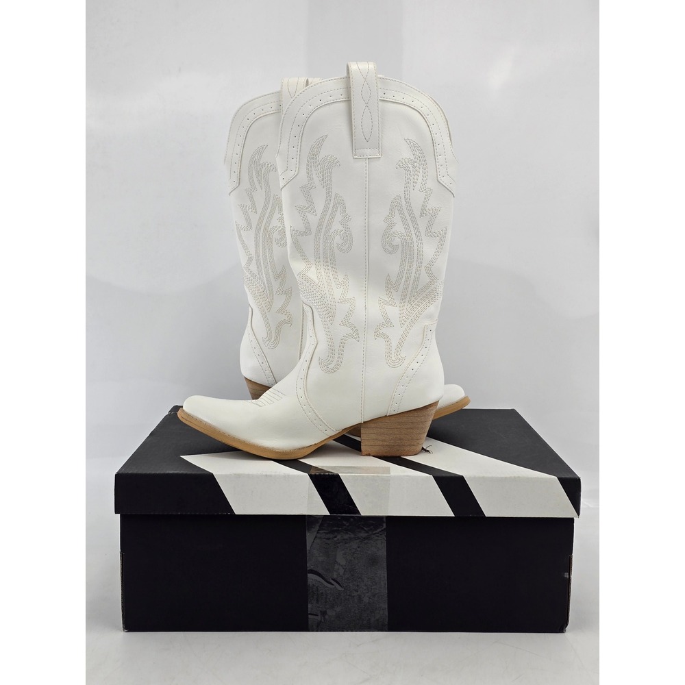 Rolla Western Cowboy Boots Women Size 8 White Pointed Toe Leopard Print - Good